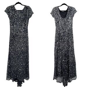 Adrianna Papell Gown Formal Holiday Sequined Fishtail Bustle Train Navy Silver 6